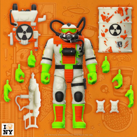 the figure displayed with all the accessories it comes with, different hands that can be switched out, the backpack, shield, and gun
