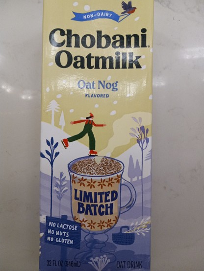 A carton of Chobani brand oat nog