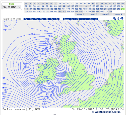Surface pressure model for Sunday, 29th October 2023 showing a fairly deep low centred over central Ireland at 21UTC.