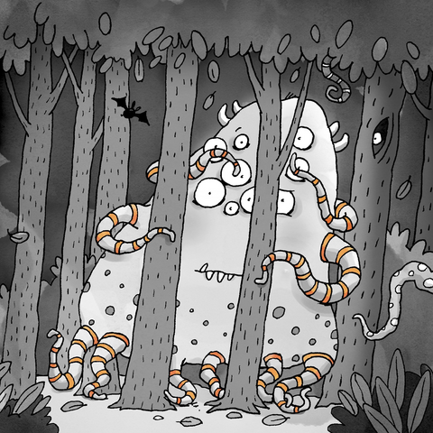A many eyed many tentacled beast hiding behind trees