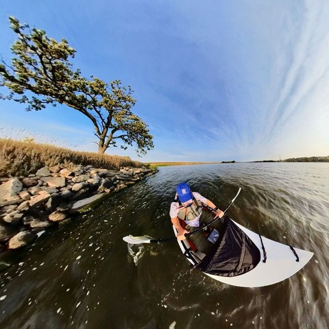 Photo of a person kayaking along a rock-strewn lake shoreline, home to a lone tree under blue skies.