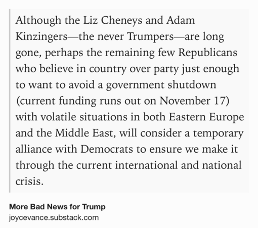 Text Shot: Although the Liz Cheneys and Adam Kinzingersâ€”the never Trumpersâ€”are long gone, perhaps the remaining few Republicans who believe in country over party just enough to want to avoid a government shutdown (current funding runs out on November 17) with volatile situations in both Eastern Europe and the Middle East, will consider a temporary alliance with Democrats to ensure we make it through the current international and national crisis.