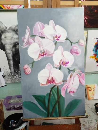 a photo of a painting of a group of light purple orchids, a grey background, the stems and leaves are green