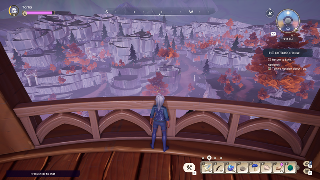 My character looking down of Bahari Bay from the top of the lighthouse. Seen are the chunky blocks of hills with trees dotted on them.