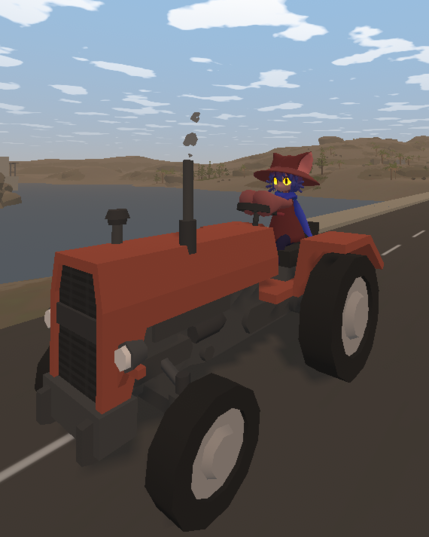 low-poly Niko from the game "Oneshot" driving a tractor on the road
