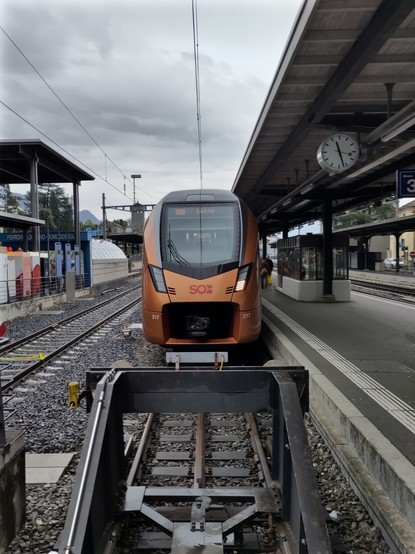 Foto. Ein kupferfarbener Zug am Prellbock.