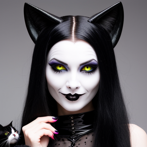 Goth vampire with glowing yellow-green cat's eyes and a wicked smile gazing with longing at the viewer. She has black bat-ears, gleaming black hair in a middle parting, and she is fingering a black patent leather choker. Their is a smol tuxedo cat photobombing over her right shoulder