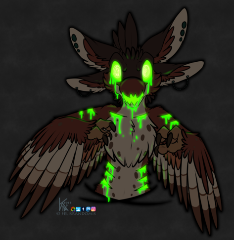 digital art of an Avali character turned into a Hallow monster. Bright glowing green goo leaks from their face and cuts on the body