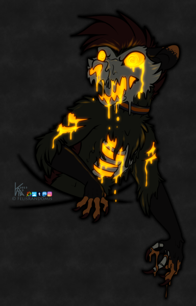 digital art of an opossum character turned into a Hallow monster. Bright glowing orange goo leaks from their face and cuts in the body, along with their actual flesh melting off their body.
