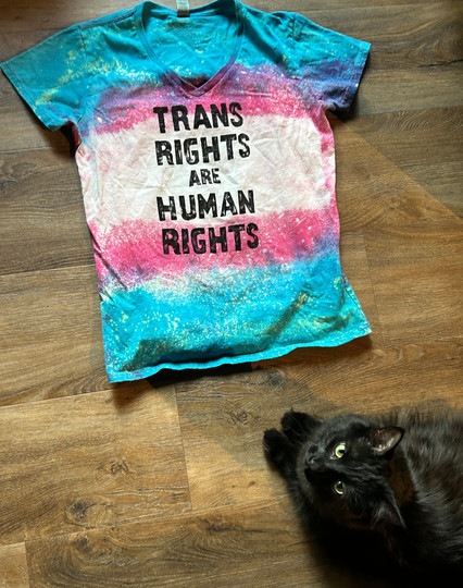A t-shirt coloured like a trans flag which reads "TRANS RIGHTS ARE HUMAN RIGHTS" in black is spread out on a wooden surface. Below it in the bottom right of the photo, a long-haired black cat is sitting with his front paws together and looking up at the camera with yellow eyes.