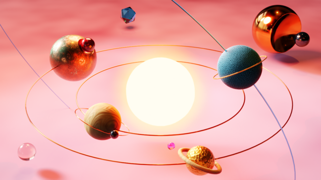 Abstract model of a solar system on a pink / salmon coloured floor, rendered with Blender3D. A big glowing orb in the centre, with copper circles (orbits) around it. More spheres on the circles (planets) with copper rings (orbits) and smaller spheres (moons) around the center. They're all made of â€žnaturalâ€œ materials, like glass, wood, fabric, copper etc.