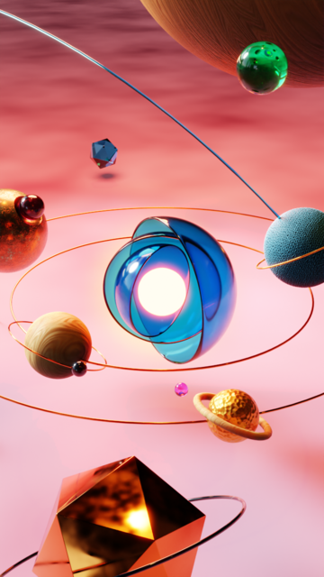 Portrait variant of the same motif but with a smaller sun and three blue glass half-spheres arranged around the sun, protecting it?