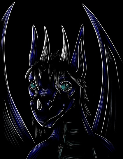 Dark, stylised portrait of a smiling blue dragon with horns and wings
