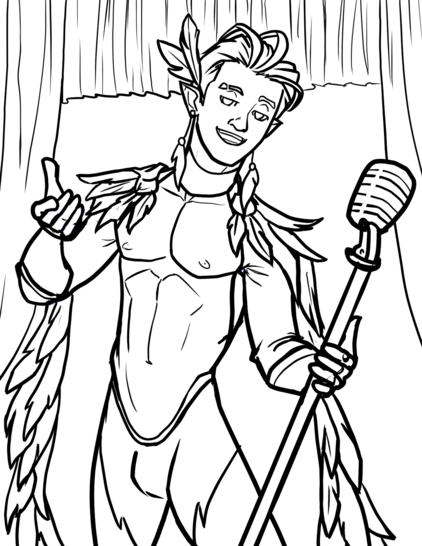 Illustration of a shirtless man on a stage wearing a feathered cloak and singing into a microphone.