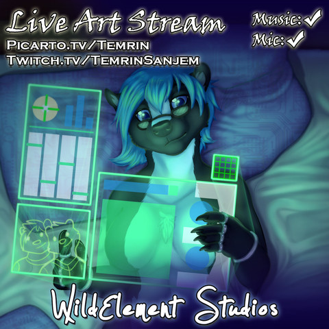 Cropped artwork that has text overlayed, saying it's a live art stream, music and mic are on, etc.