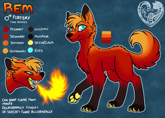 digital art of a husky character named Rem. He has a firey color palette ranging from charcoal into a bright yellow and bright cyan eyes.