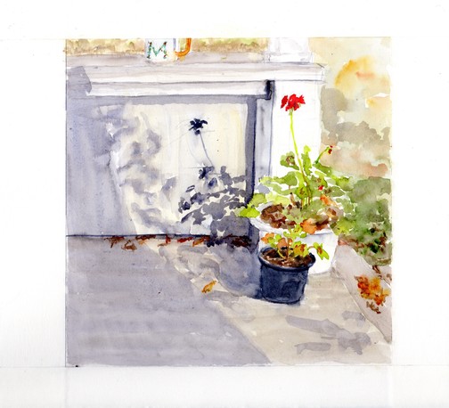 watercolor painting, square format, corner of the porch steps with two pots of geranium in the sun. They cast a shadow against the porch and one has a red bloom despite the scattering of leaves. a coffee mug sits on the porch rail.