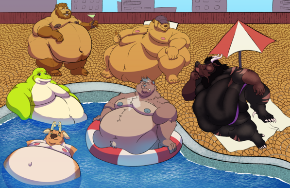 A bunch of fat furries hanging out at a pool