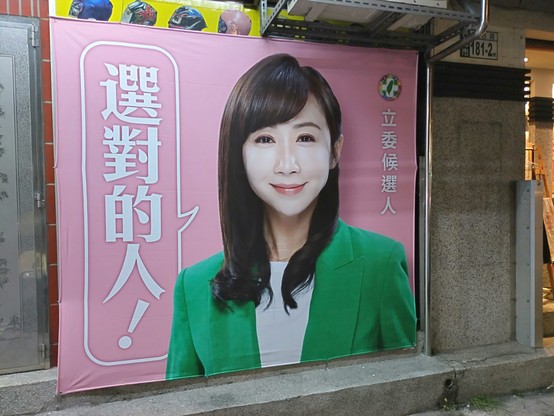 Election poster for DPP candidate Hsu Shu-hua with the slogan "Elect the right person". The poster has a pink background with the candidate wearing a green jacket
