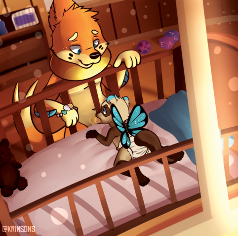 An illustrated piece of art involving two anthropomorphic furry boys. One is Percy, a Buisel (pokemon series) and the other is Slyther, a black footed ferret that has fairy wings. Percy is 8 years old and Slyther is 3. Depicted in the illustration, Percy is standing beside the bars of Slyther's crib and is feeding his penis through the gaps in the bar while Slyther nurses on it like a baby would a bottle.