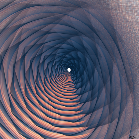 A scalloped purple tunnel, receding into the distance. Orange tones light the bottom, giving the appearance of golden-hour sunlight streaming down the tunnel.