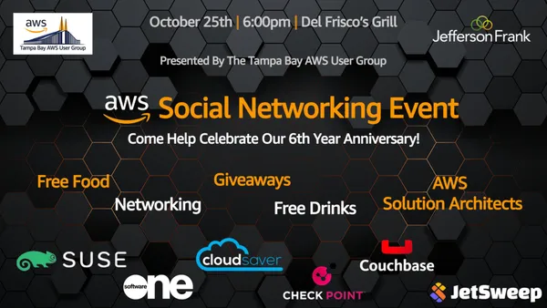 Banner for AWS Social Networking Event — “Come help celebrate out 6th anniversary!” - 6 p.m.Del Frisco’s Grill, Tampa