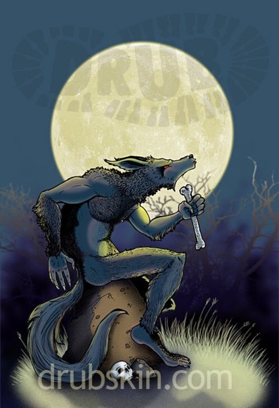 Oh, Werewolf, on a rock in profile with a bone in his left hand, howls, in a clearing with the full moon high overhead on that dark night.