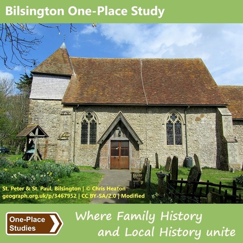 Bilsington One-Place Study
Photo: The church of Bilsington St Peter and St Paul, a small structure with a tower at the left side topped with a short, pyramid-shaped spire, which only extends a short distance in height above the apex of the roof. A bell is mounted in a small, free-standing structure next to the tower.
One-Place Studies, where family history and local history unite.