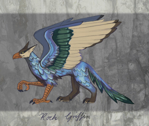A drawing of a griffin with a shiny blue body. The front legs and head are from an eagle, and the back legs are of a canine. Mixed media art.