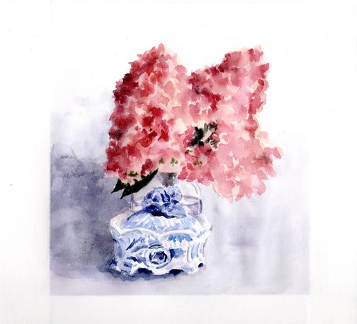 Watercolor painting, square format: a jar holding two branches of pink hydrangea flowers sits behind an old-fashion covered footed trinket bowl. The bowl is white ceramic with blue brush marks and has blue roses on top as a handle. There is a gray background and shadow to the left
