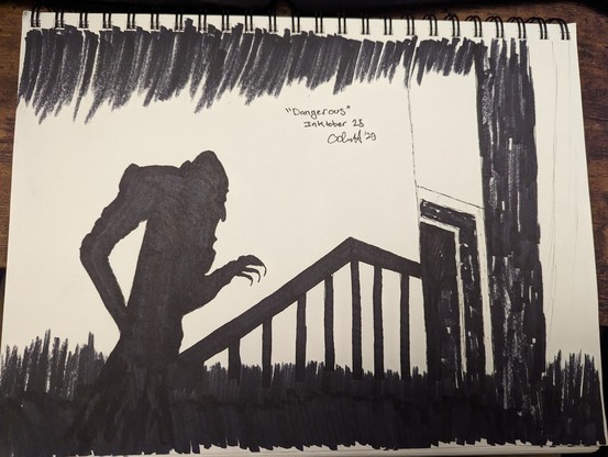 Black ink on white paper: shadows frame this scene on all sides... the stalking shadow of a claw-fingered vampiric form moves up the shadowed staircase towards a shadowed door.

- Classic still from Nosferatu