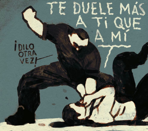 A drawing of a bulky man in a black shirt with a fist in the air holding another man with a white shirt down on the ground by the neck.

The man on the floor screams: "This hurts you more than it hurts me!"

The man with the fist in the air says: "Say it again!"

#Viñeta de #RikiBlanco del 26 de octubre de #2023 

#EditorialCartoon #Illustration #ElPaís #España