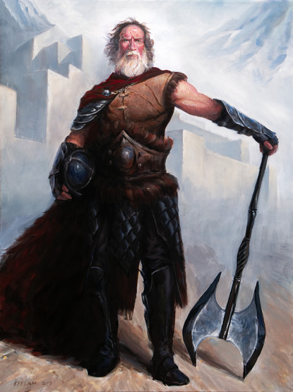 An acrylic painting showing axe-wielding warrior Druss standing in front of a mountain fortress. Druss is an older, retired warrior called for one last fight in a desperate bid to stop an invading army from crossing the mountain pass.