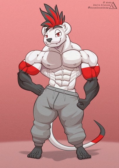 Furry art of my character Delta. Delta is an anthropomorphic weasel with a muscular build. He is standing with one hand on his hip and looking at the viewer. He is wearing only gray sweat pants. He is smiling confidently, happy to show off his build.