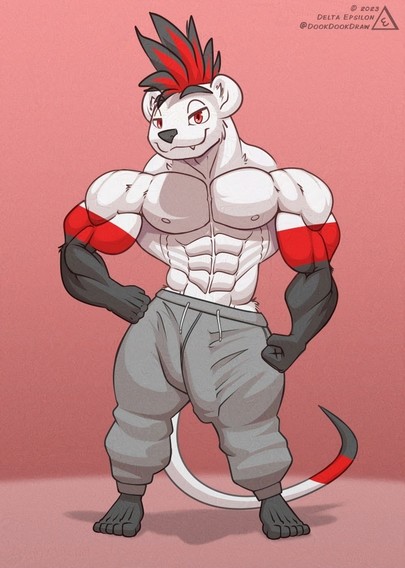 NSFW furry art of my character Delta. Delta is an anthropomorphic weasel with a muscular build. He is standing with one hand on his hip and looking at the viewer. He is wearing only gray sweat pants, and a large bulge is running down one thigh to his knee. He is smiling confidently, happy to show off his build.