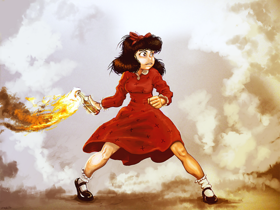 A girl cartoon character in a red dress and heels prepares to toss a Molotov Cocktail at the opposition.