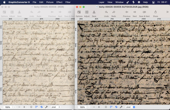 Two side by side versions of a document with very old style faint handwriting on cream paper. The version on the left is the original, faint to read. The one on the right has the colour contrast whacked up, so the text is very clear.