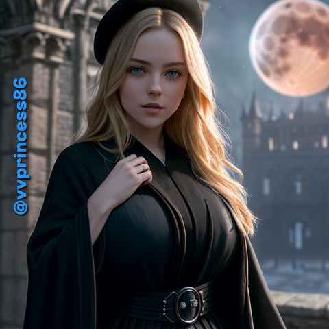 Al art of my likeness with accurate depiction of my body, face and hair created in a program using my own personal actual photos. I am wearing black robes and a hat as well a belt. My long blonde hair is down. I am in a gothic setting in front of a pillar. Behind me is castle-like building with a blood moon in the sky. (Unfiltered version)