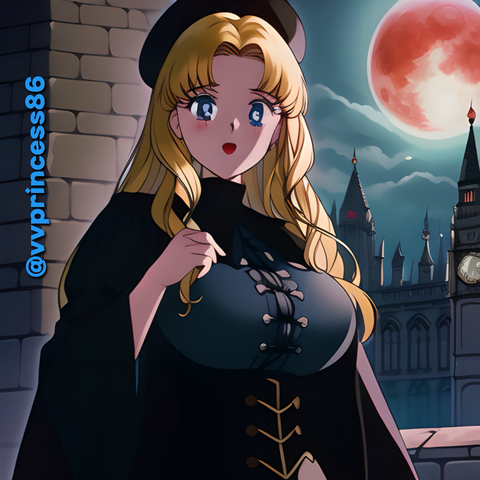 Al art of my likeness with accurate depiction of my body, face and hair created in a program using my own personal actual photos. I am wearing black robes and a hat as well a belt. My long blonde hair is down. I am in a gothic setting in front of a pillar. Behind me is castle-like building with a blood moon in the sky. (Anime filtered version)