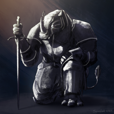 Digital art of an anthro rhinoceros made of living armour, kneeling in a dark space and wielding a sword pointed to the ground. Glowing white lines highlight the shape of metal plates around its body.