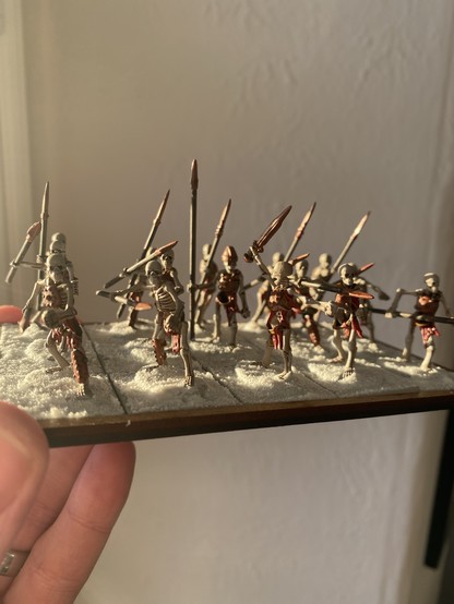 Skeleton Regiment for Oathmark. Simple red cloths and copper armour. Arranged in a phalanx