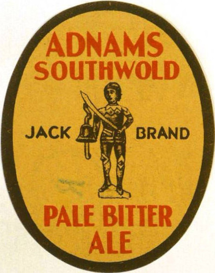 An Adnams Pale Bitter Ale label featuring a man holding a sword in one hand and a bell in the other.