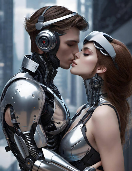 Two metallic robots, a male and female, kiss and embrace