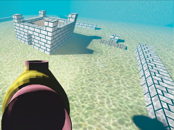 A screenshot of our game Swimming brick, with a shadow casted behind an small underwater castle-like structure.