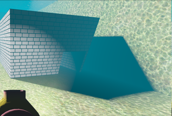 A screenshot of our game Swimming brick, with a shadow casted behind another structure.