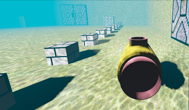 A screenshot of our game Swimming brick, with shadows casted behind a bunch of bricks and a submarine.
