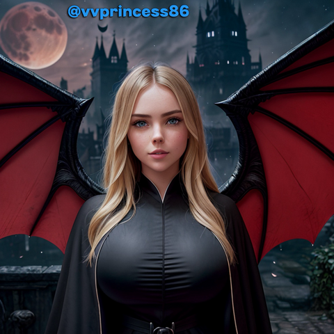 Al art of my likeness with accurate depiction of my body, face and hair created in a program using my own personal actual photos. I am wearing black robes, a belt buckle and red demon bat wings. My long blonde hair is down. I am standing in a dark gothic town and behind me is the night sky, a castle and a blood moon in the sky. To the right are some leaves and ivy.