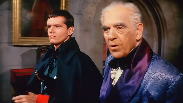 a still from 1963 film The Terror, with a very young Jack Nicholson (before his rise to fame) and an elderly Boris Karloff