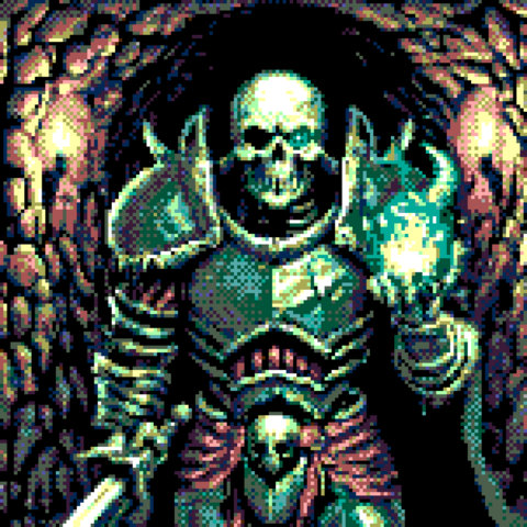 retro-themed pixel art depicting an undead warrior in armor with a skeleton face with one glowing eye.   In its left arm it holds a colored flame, the right arm is holding a sword at rest outside of the frame.   The background is a narrow excavated tunnel with a torch on either side.