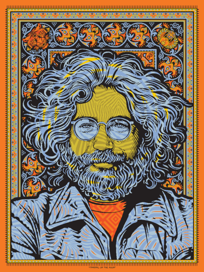an illustration of Jerry Garcia, done in sort of a woodcut block style, he wears a blue shirt and has blue hair and is looking at the viewer, his glasses are blue, his shirt is bright orange, behind him are psychedelic patterns of bright orange and blue